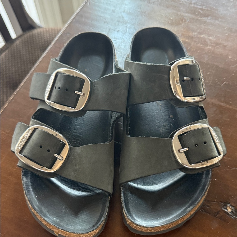 Birkenstock Black Two-Strap Sandals with Silver Buckles